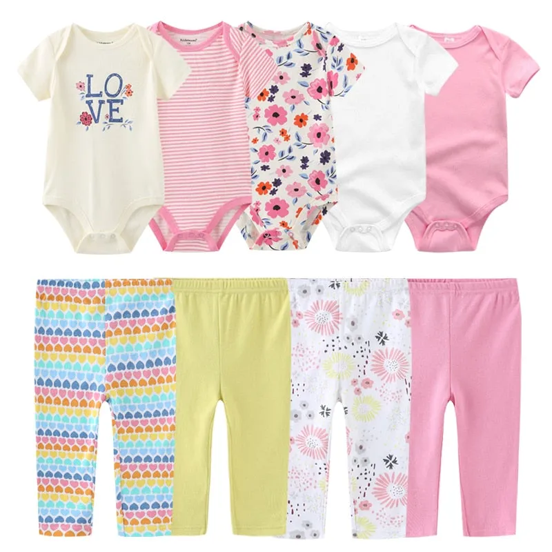 10PCS Newborn Solid Bodysuits Pants Cotton Clothes Short Sleeve