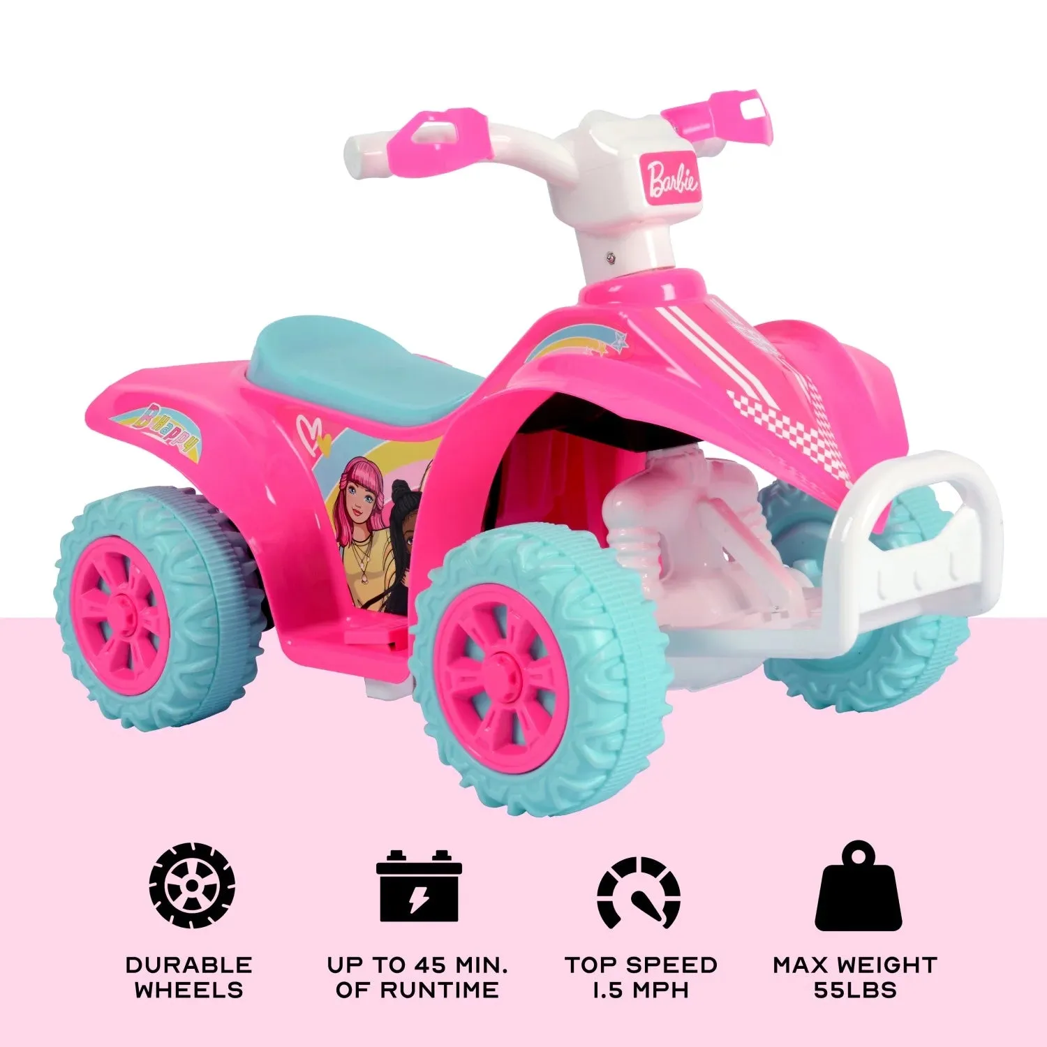 Barbie ATV Quad, 6V Battery Powered Ride On for Kids Ages 1.5 , Pink