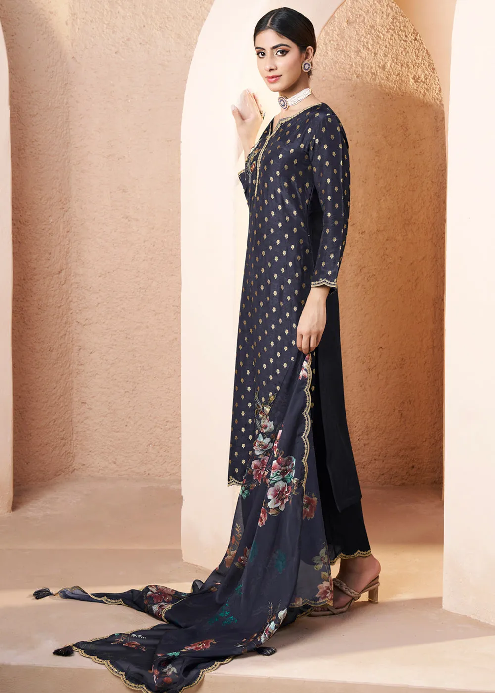 Blackish Blue Dola Silk Suit Adorned with Applique Patch and Sequin Work