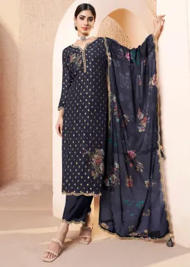 Blackish Blue Dola Silk Suit Adorned with Applique Patch and Sequin Work