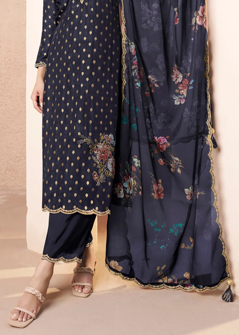 Blackish Blue Dola Silk Suit Adorned with Applique Patch and Sequin Work