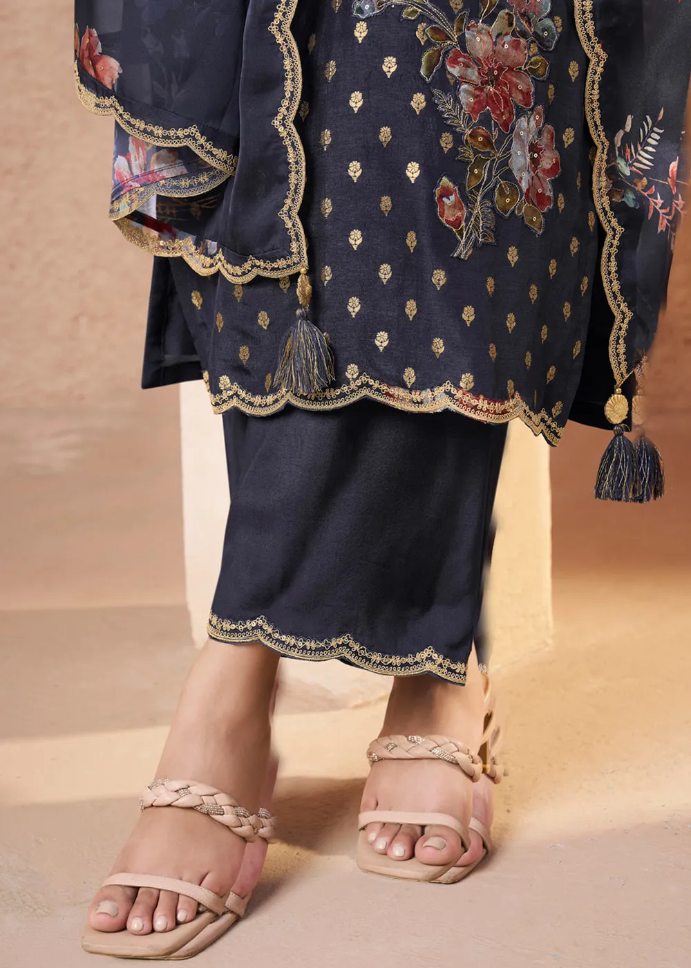 Blackish Blue Dola Silk Suit Adorned with Applique Patch and Sequin Work