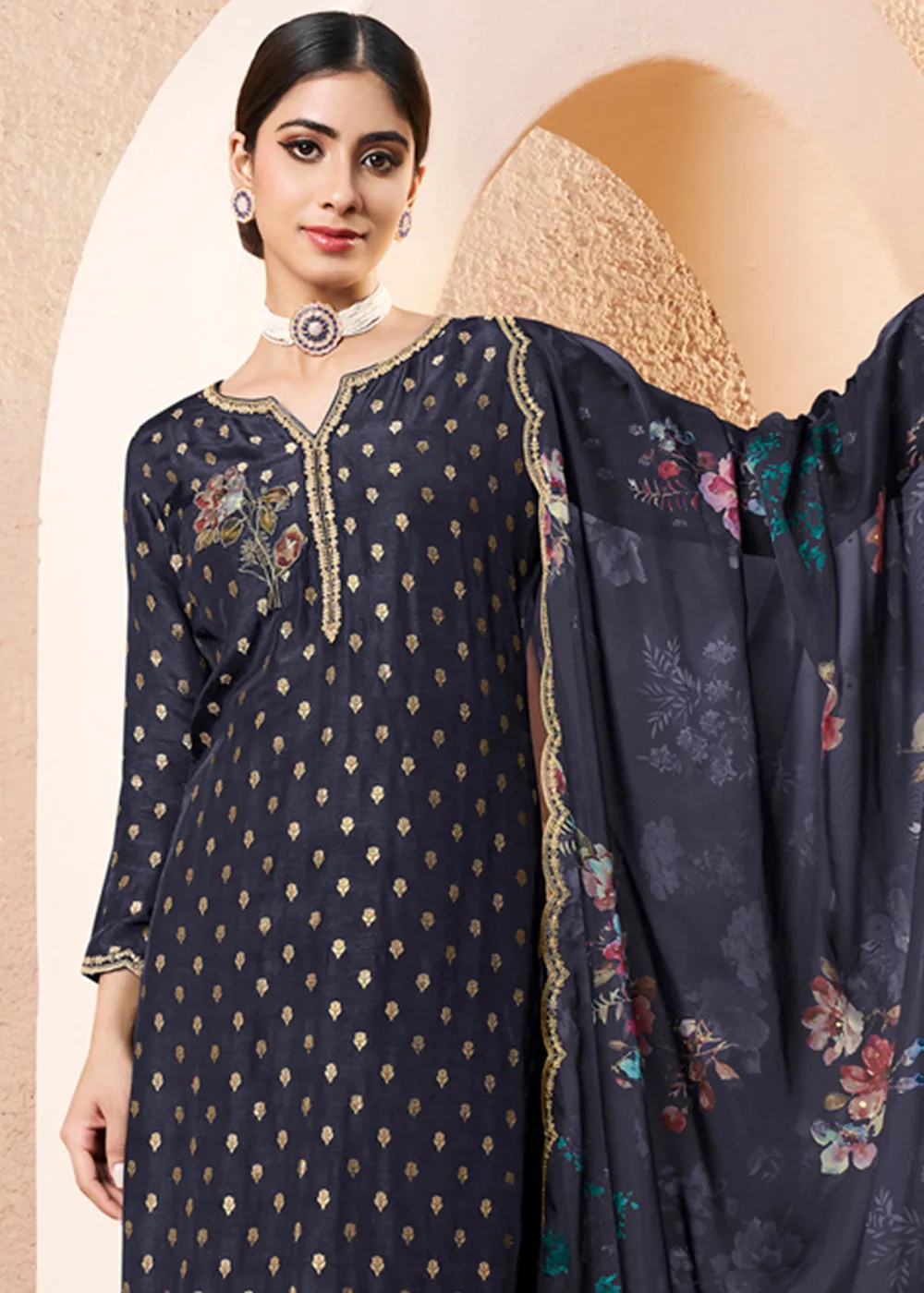 Blackish Blue Dola Silk Suit Adorned with Applique Patch and Sequin Work
