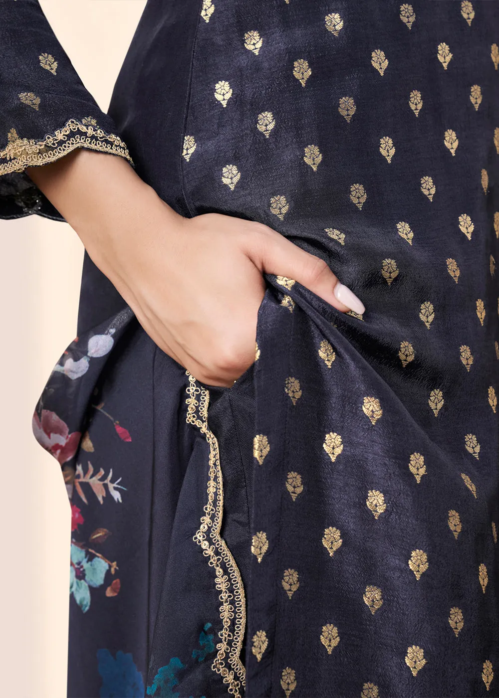 Blackish Blue Dola Silk Suit Adorned with Applique Patch and Sequin Work