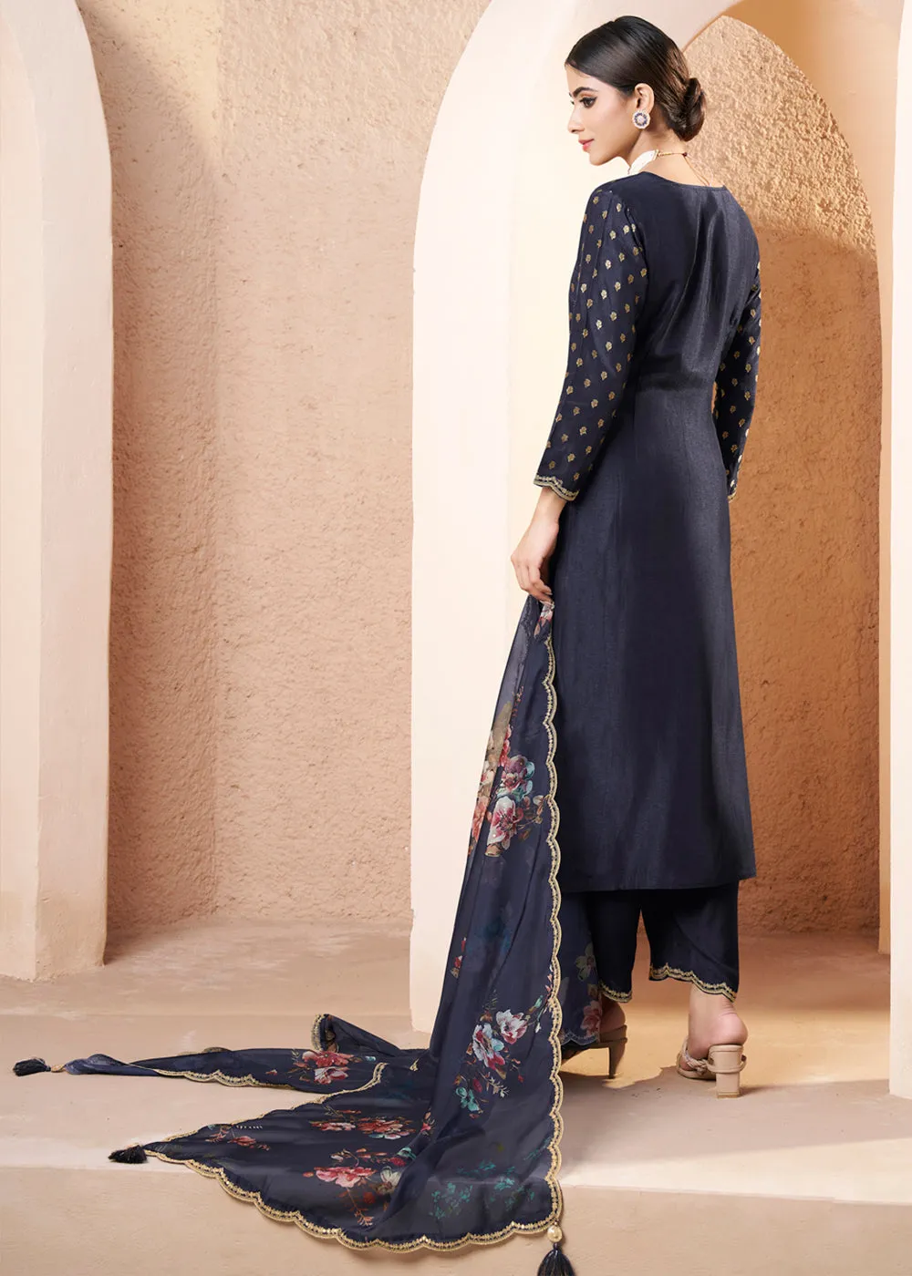 Blackish Blue Dola Silk Suit Adorned with Applique Patch and Sequin Work