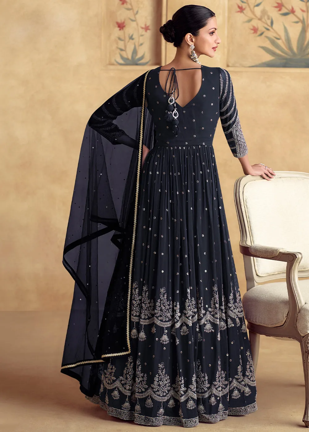 Blackish Blue Ethnic Anarkali Gown in Georgette with Detailed Embroidery