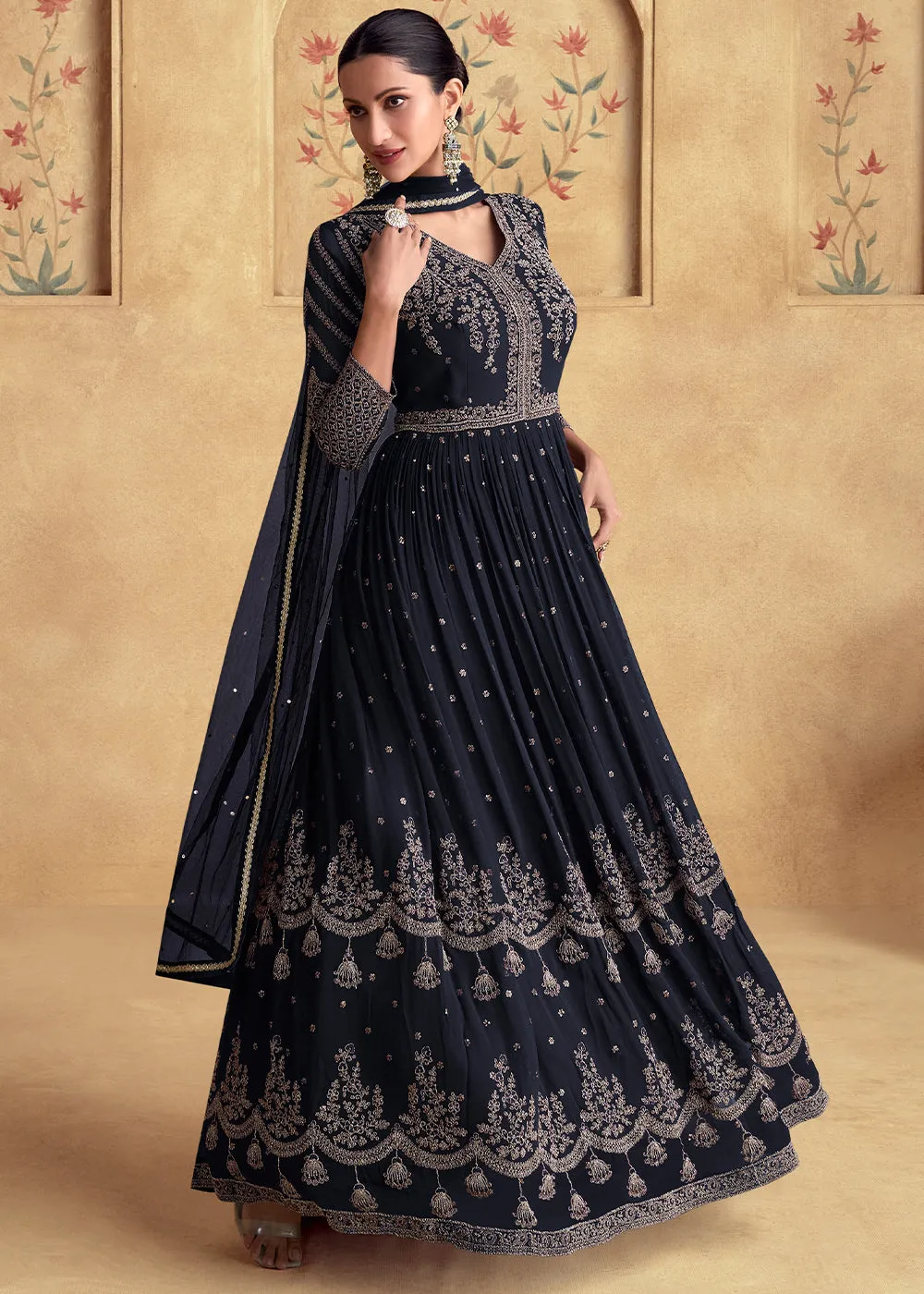 Blackish Blue Ethnic Anarkali Gown in Georgette with Detailed Embroidery