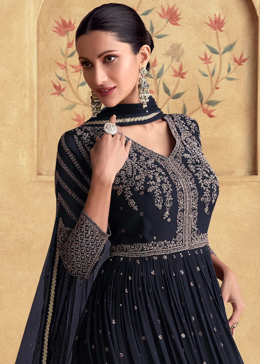 Blackish Blue Ethnic Anarkali Gown in Georgette with Detailed Embroidery