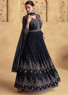 Blackish Blue Ethnic Anarkali Gown in Georgette with Detailed Embroidery