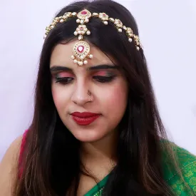 Designer Gold Plated Royal Kundan & Ruby Sheeshphool/Mathapatti (D80)