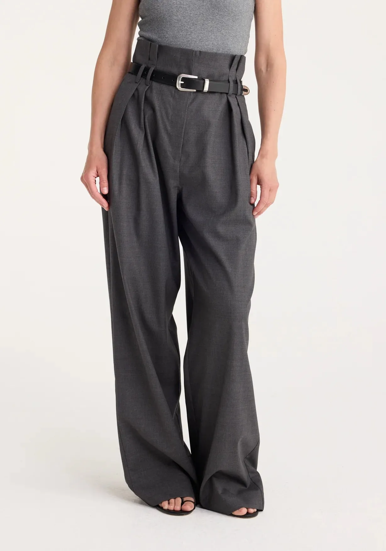 High-waisted Paperbag Trousers in Dark Grey Melange