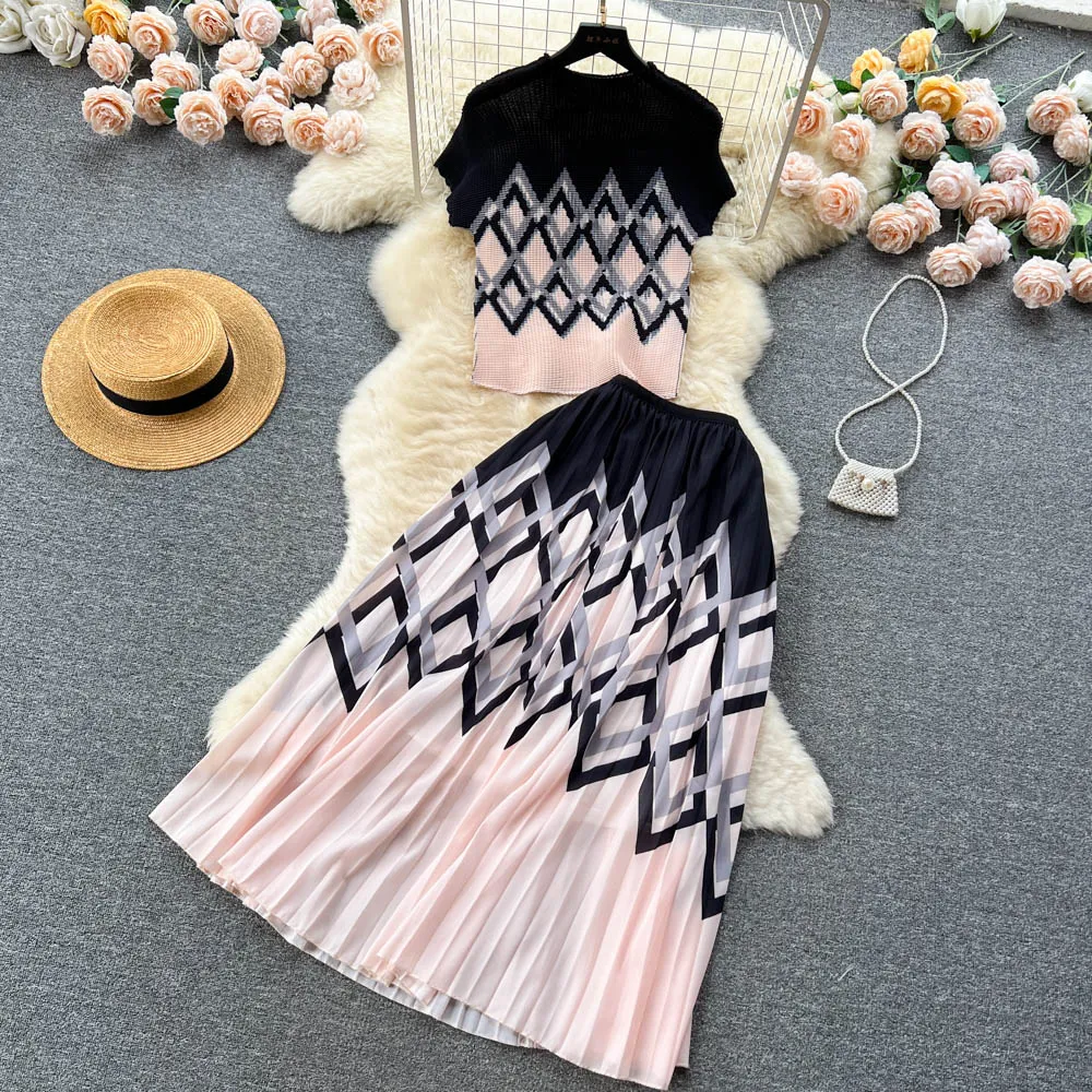 Knitwear&Pleated Skirt Printed2Pcs