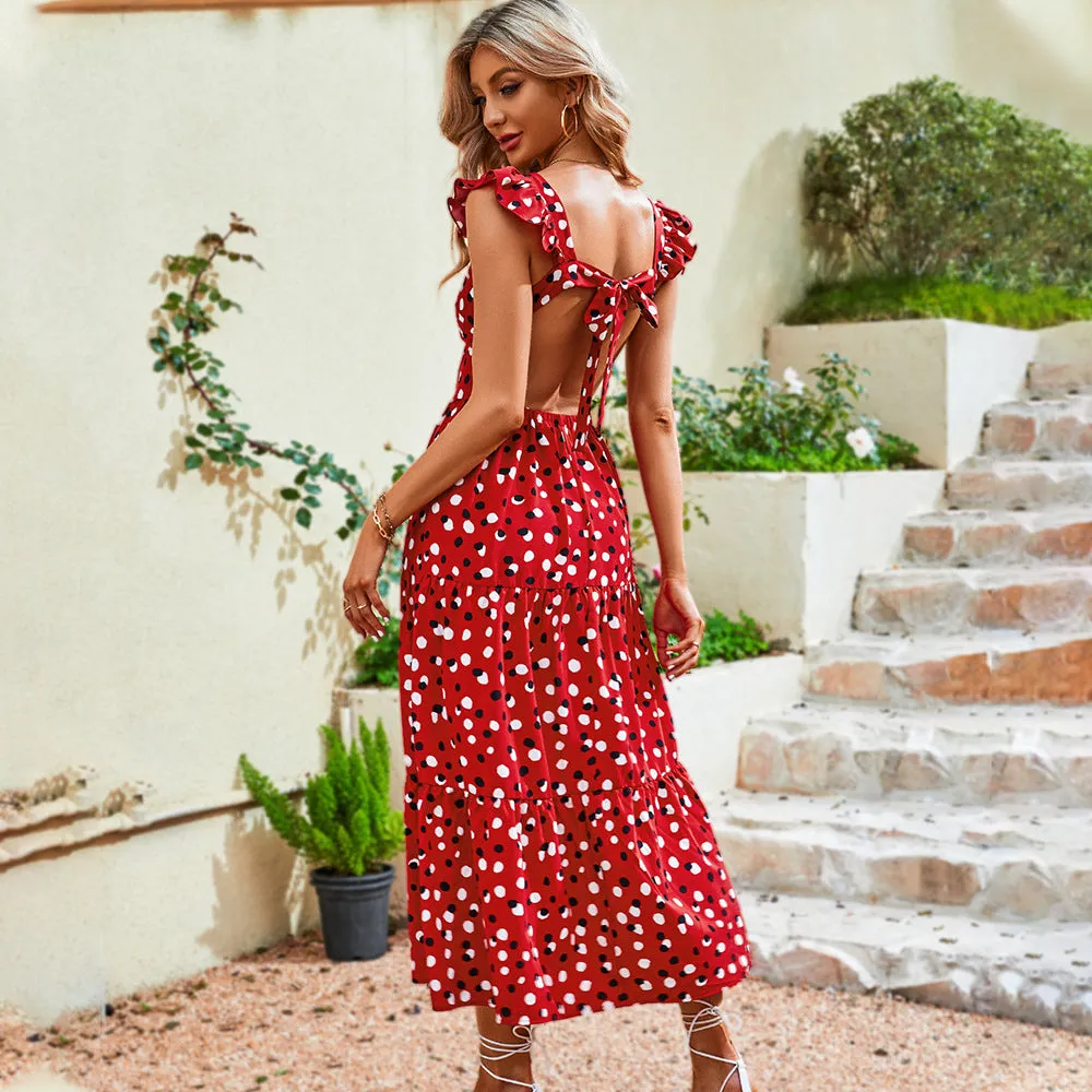 Polka Dot Square Neck Ruffle Midi Casual Dress