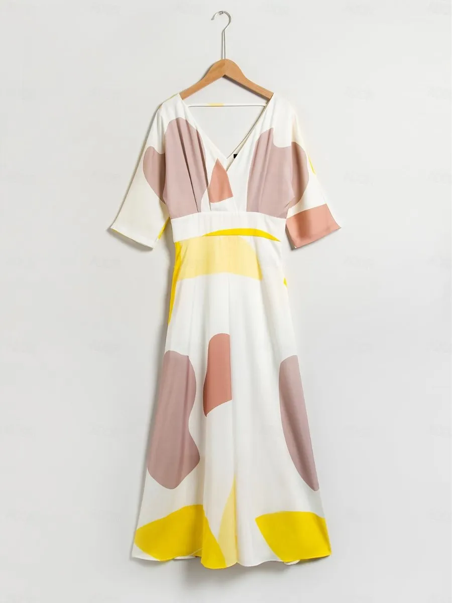 Satin Pocket Floral V Neck Maxi Dress