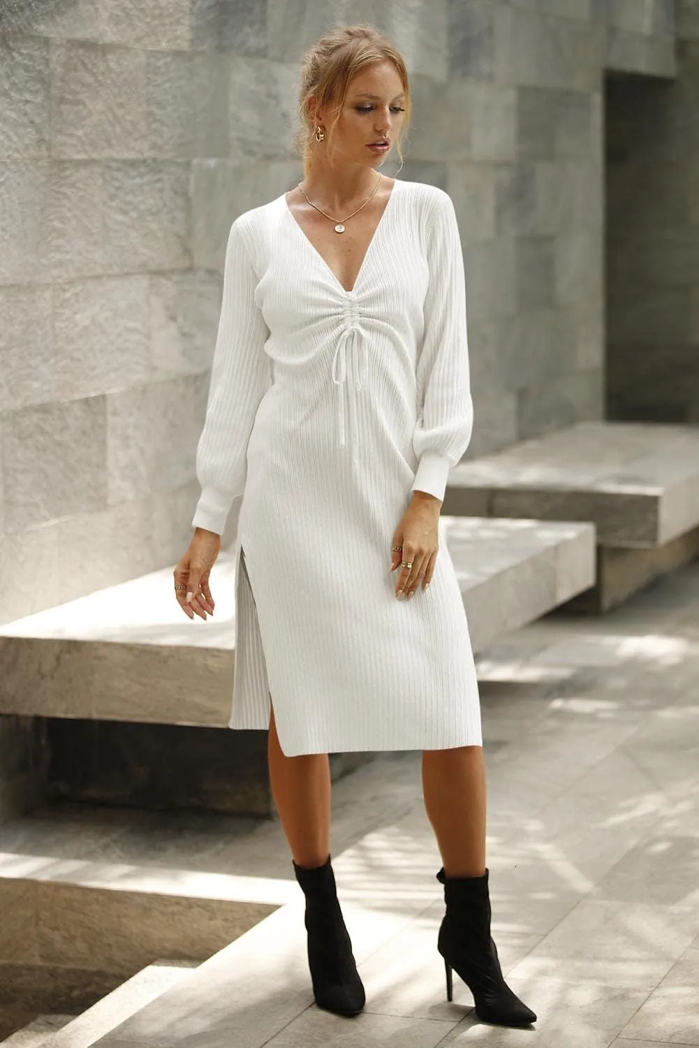 Side Slit Drawstring V Neck Bodycon Midi Dress