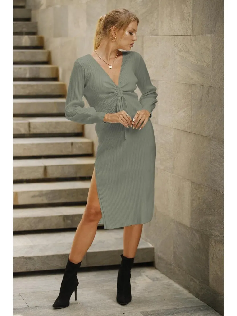 Side Slit Drawstring V Neck Bodycon Midi Dress