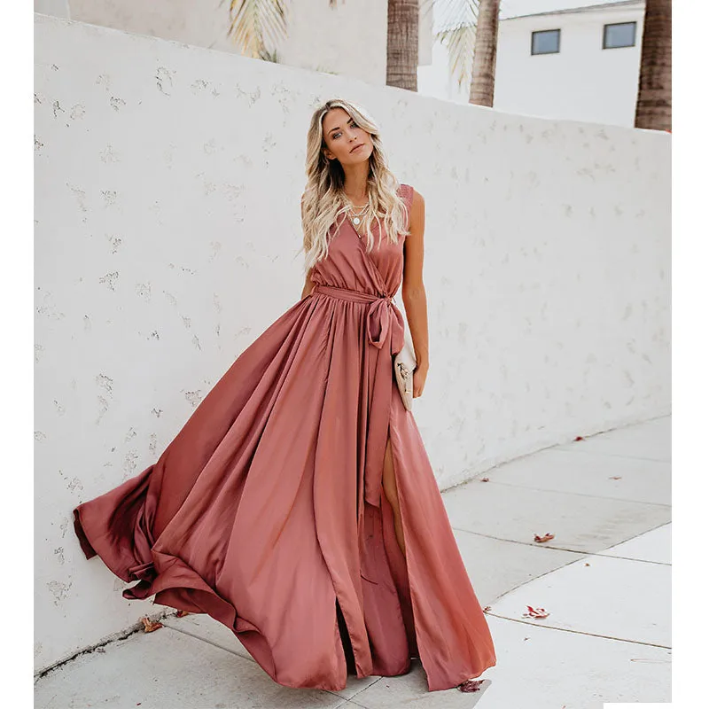 Sleeveless Belted Slit Maxi Dress