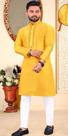 Yellow Men Kurta Pajama, Men Indian Wear, Aari Work Kurta Pajama, Silk Kurta Pajama