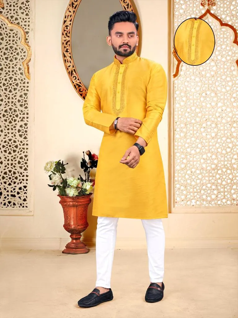 Yellow Men Kurta Pajama, Men Indian Wear, Aari Work Kurta Pajama, Silk Kurta Pajama